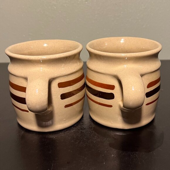Two (2) Vintage HARTSTONE POTTERY Ohio Stoneware Factory Mugs ~ Tan w/ Stripes - Picture 2 of 11